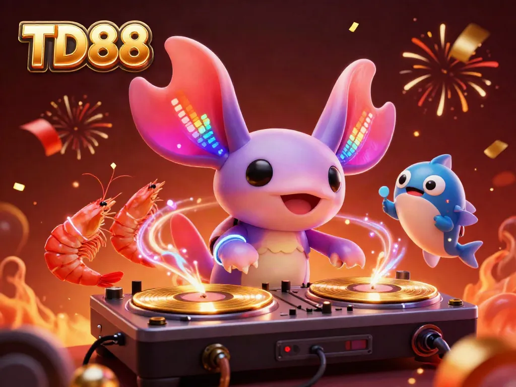 Cheerful 3D illustration of a neon axolotl DJ and lively sea creatures celebrating with vibrant casino elements at TD88.