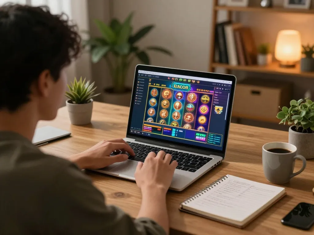 Engaging online gaming with slot gacor interface displayed on laptop, reflecting strategic gameplay.