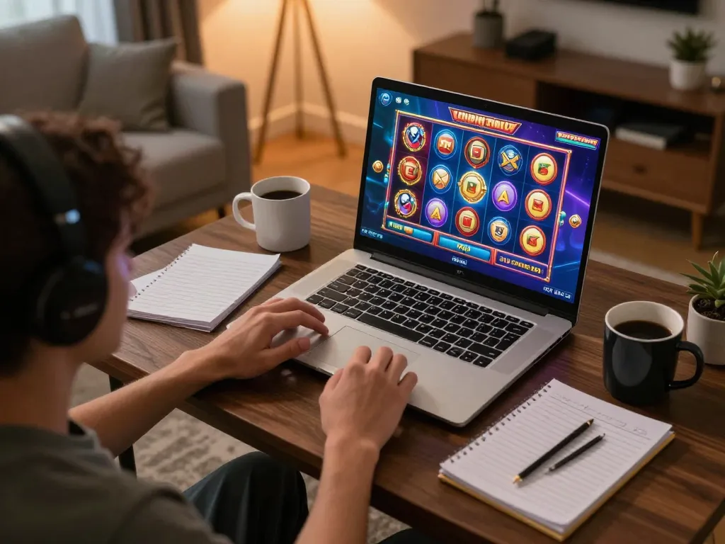 Explore slot toto games with a player focused on winning strategies at home, showcasing modern gaming setup.