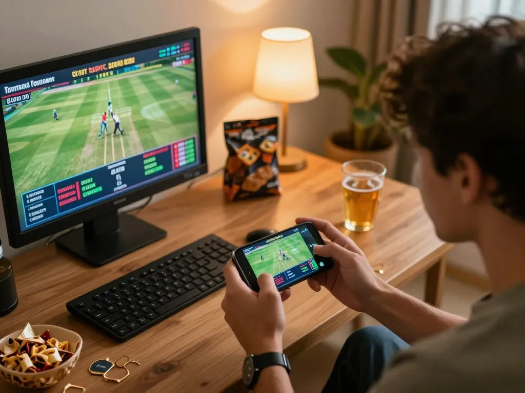 Engaging in online sports betting with Jeetbuzz 88 on a smartphone in a cozy home setting.