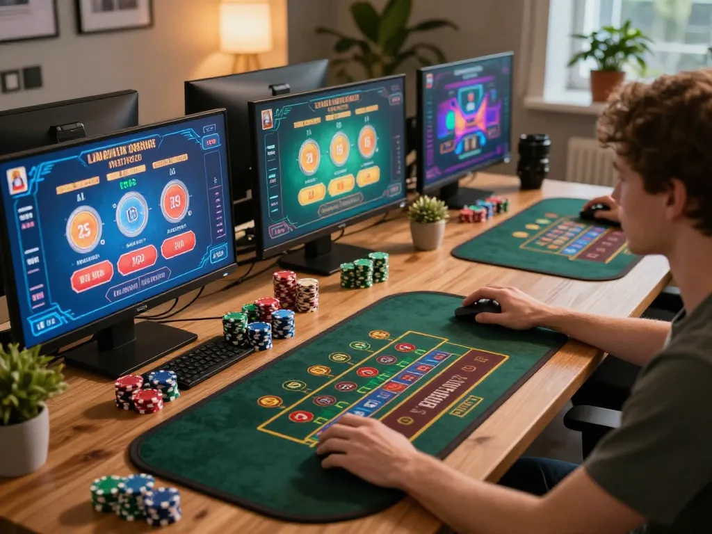 Engaged player enjoying interactive casino experience on uk88s platform, placing strategic bets with multiple screens visible