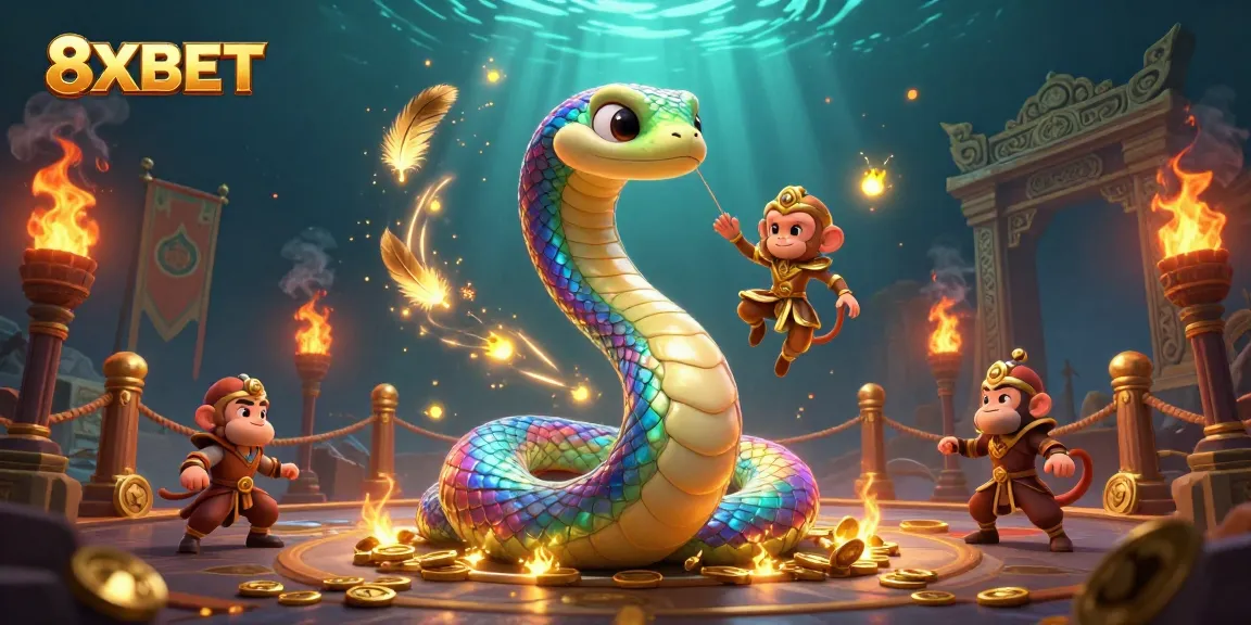 Experience the thrill of 8XBET with a vibrant 3D digital casino illustration showcasing a rainbow serpent and monkey king.
