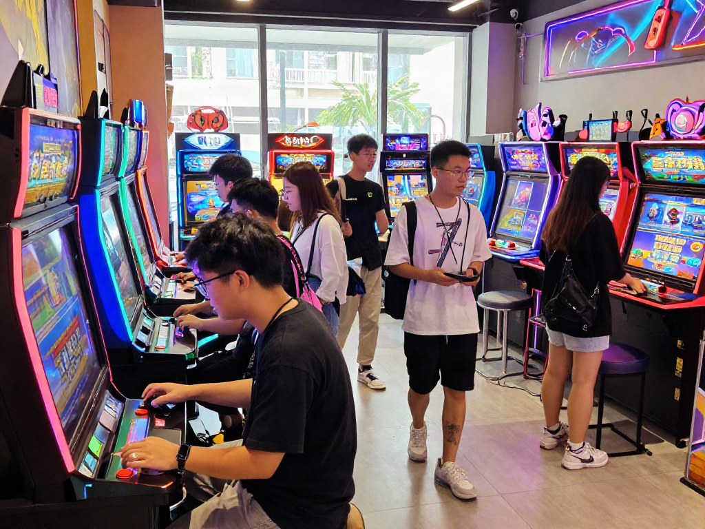 Engaged shoppers enjoying colorful slot machines in a modern e-commerce retail environment.