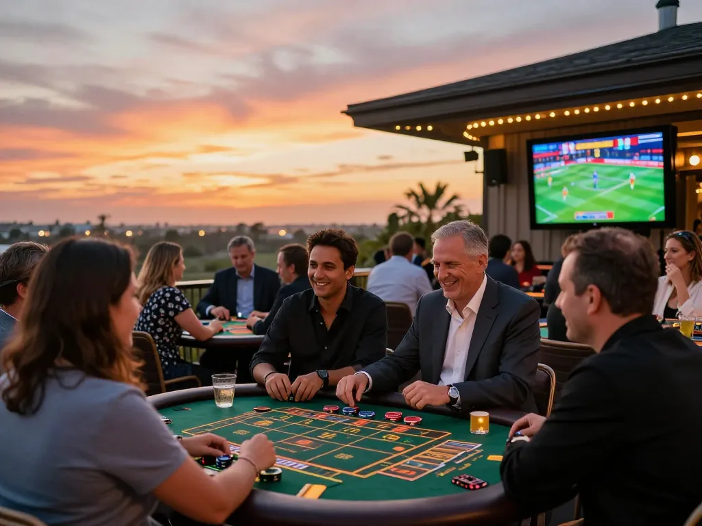 IWIN CLUB patrons enjoying dynamic sports betting on a terrace with colorful sunset backdrop