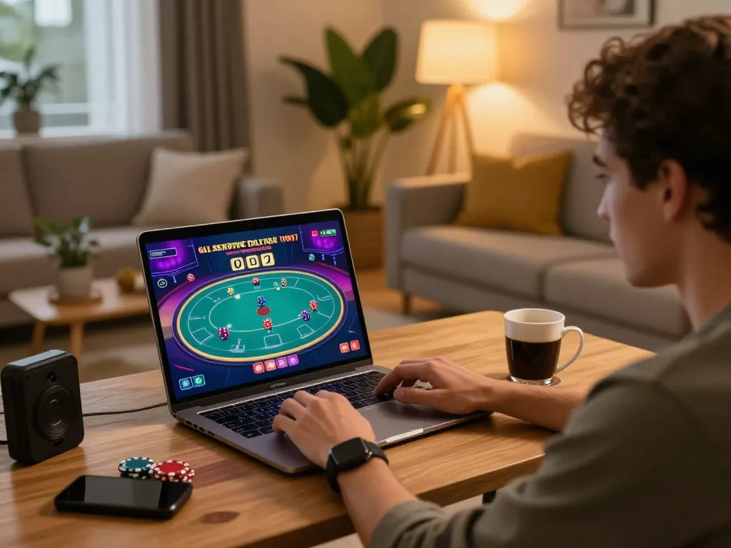 Player experiencing mm 88 gaming session on laptop, showcasing vibrant online poker gameplay.