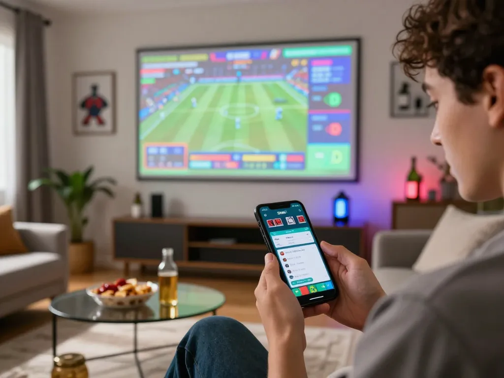 Engaging in zbet sports betting on smartphone in a lively home setting.
