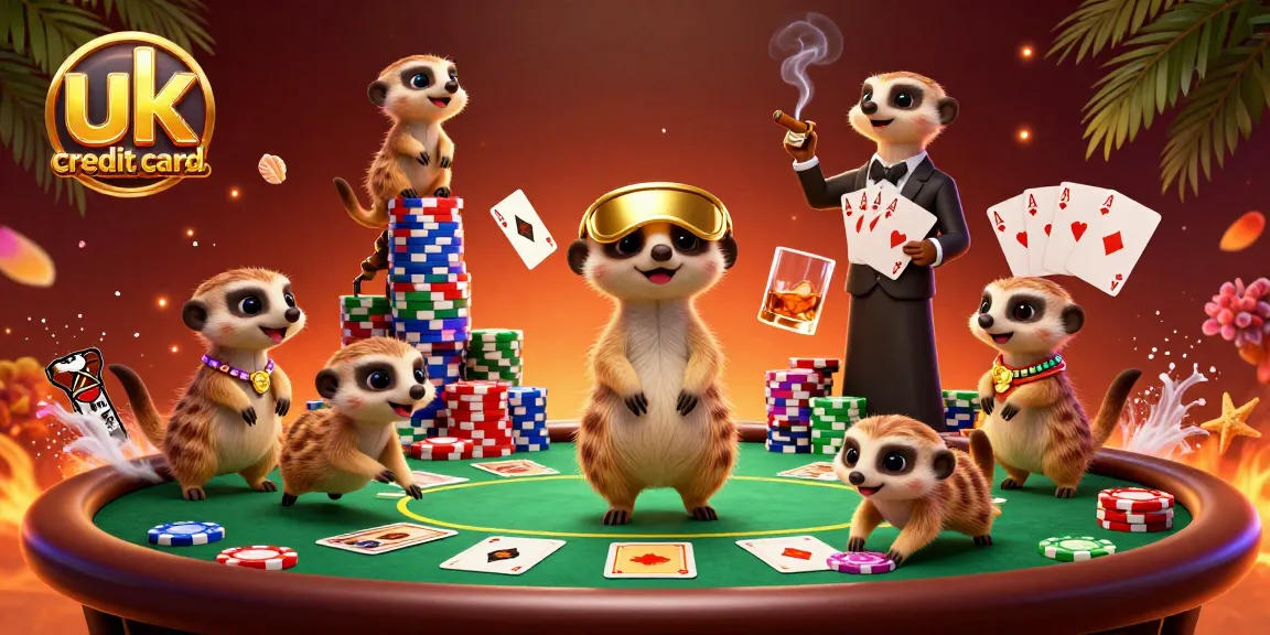 Engaging scene at uk credit card casinos with meerkats managing poker games and colorful chips.