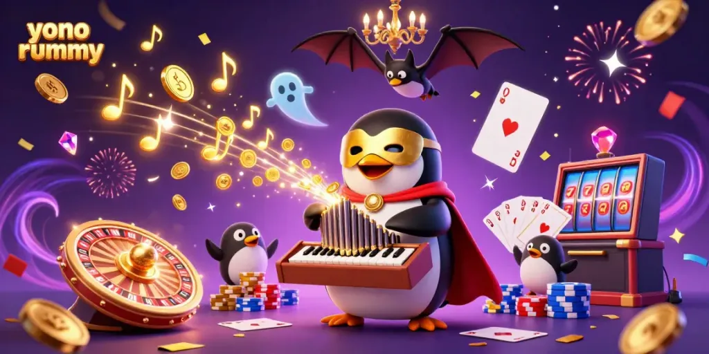 Mengalami keseruan yono rummy dengan penguin opera kartun bermain organ yang memuntahkan koin emas, dikelilingi gerakan kasino yang memikat.
