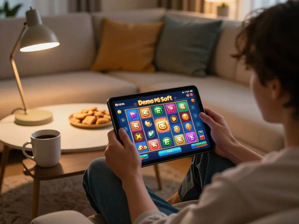 Memainkan Demo Slot PG Soft Mahjong di tablet dalam suasana rumah yang nyaman dengan permainan yang menarik