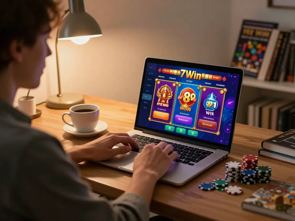 Engaging in online casino gaming on 789 win platform with chips and coffee nearby.