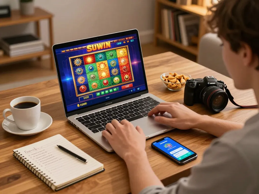 Engaging in online gambling with sunwin app on laptop, cozy home atmosphere, strategic gameplay setting.