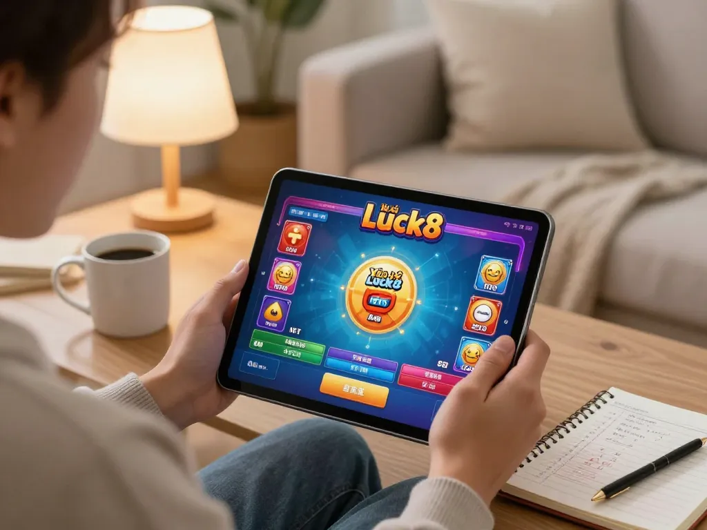 Xổ số Luck8 player engaging with a tablet in a cozy living room, promoting responsible gaming.