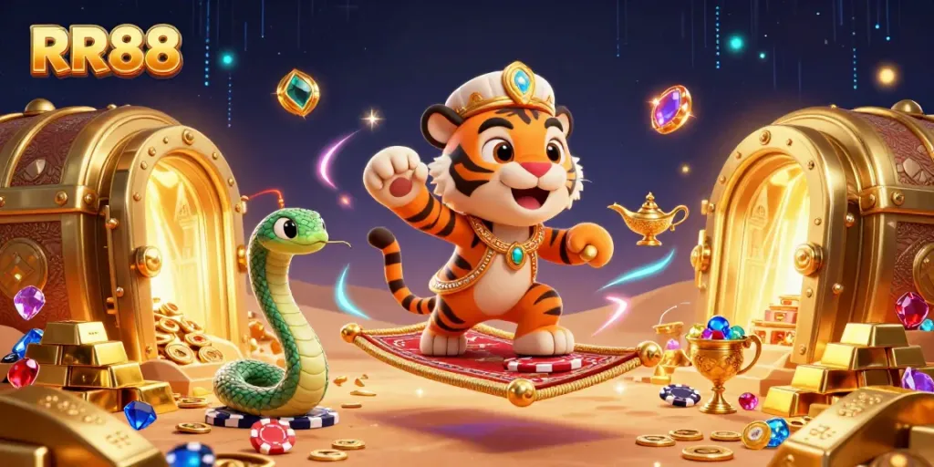 RR88 showcases an Arabian Nights-themed casino adventure with treasures and a vibrant palace backdrop.