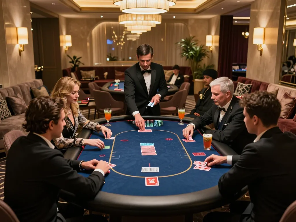 KONG88 players engaged in high-stakes poker with professional dealer in luxurious VIP gaming area