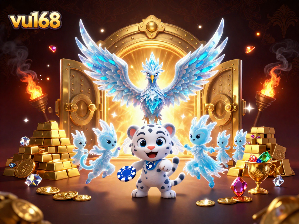 Engage with the dynamic universe of vu168, featuring an ice phoenix, snow leopard cub, and ice sprites amidst a casino treasure scene.