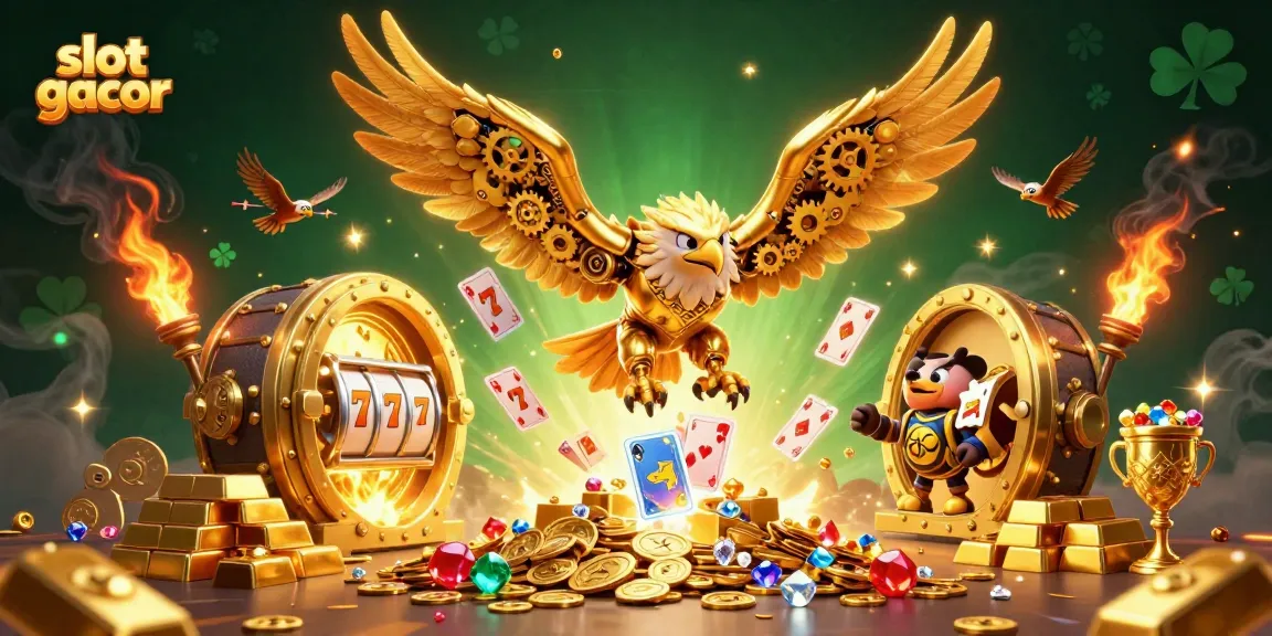 Bermain slot gacor dengan lebih mudah sambil dikelilingi harta karun emas dan efek cahaya menawan.