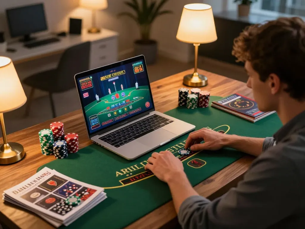 Yinkafolawiyogroup engaging in exciting online blackjack gameplay from home setup.