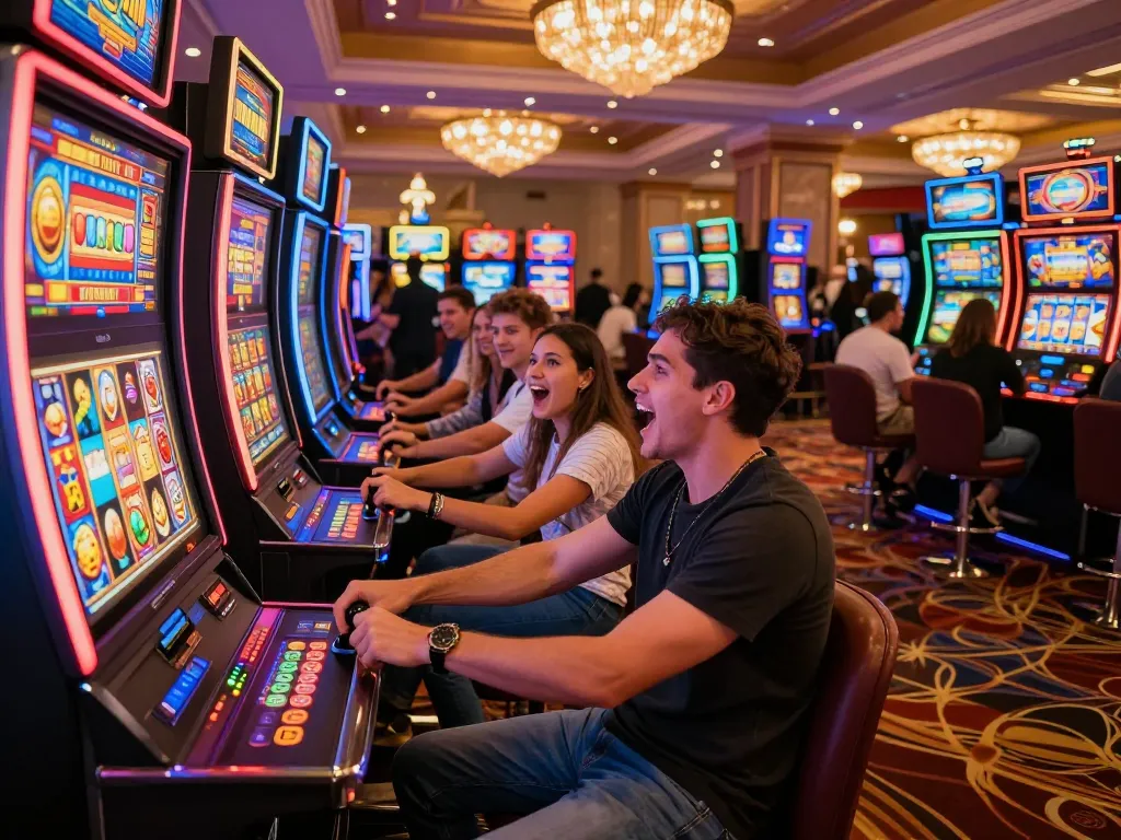 Slot gacor hari ini adegan dengan teman-teman di sekitar mesin slot yang ramai, menampilkan kegembiraan dan suasana kasino.