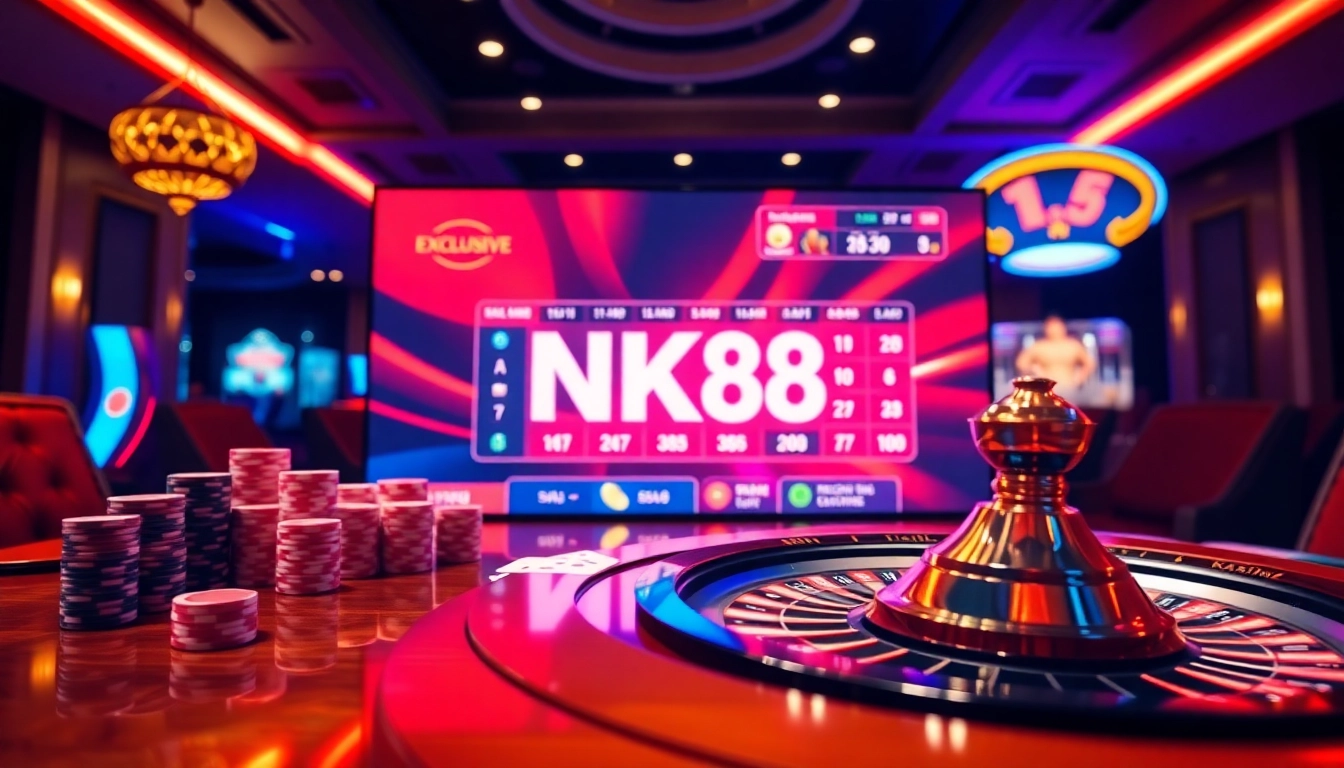 Placing strategic NK88 Trang chủ bets with poker chips and spinning roulette wheel in a vibrant casino setting