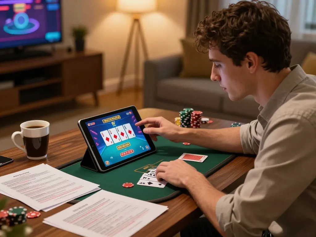 Sunwin player's focused poker strategy on tablet during engaging home gaming session