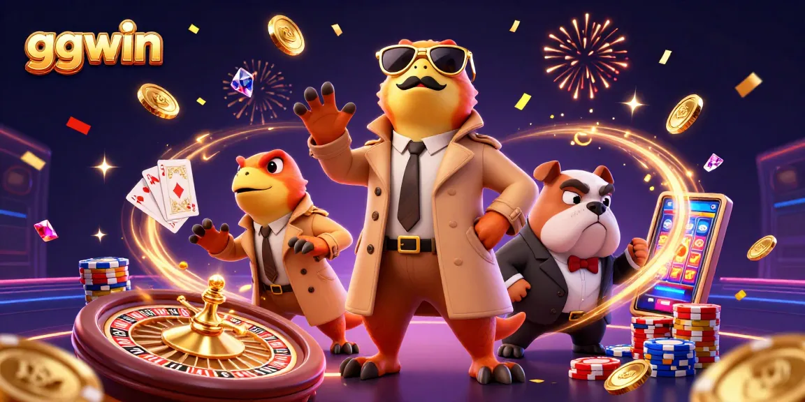 ggwin raptors in a trench coat humorously attempting VIP casino entry with golden coins and vibrant gaming elements