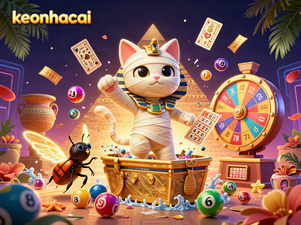 Engage with keonhacai as a vibrant Egyptian mummy cat bursts from a sarcophagus in a dynamic casino scene.