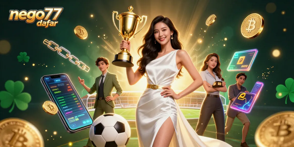 Experience seamless gaming with NEGO77 daftar as confident woman holds trophy in vibrant 3D scene.
