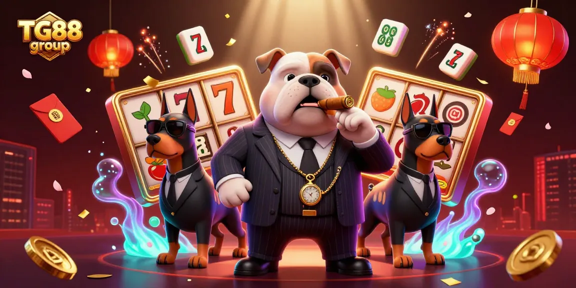 TG88 group showcases a cartoon gangster scene featuring a bulldog and Doberman bodyguards in a vibrant casino backdrop.