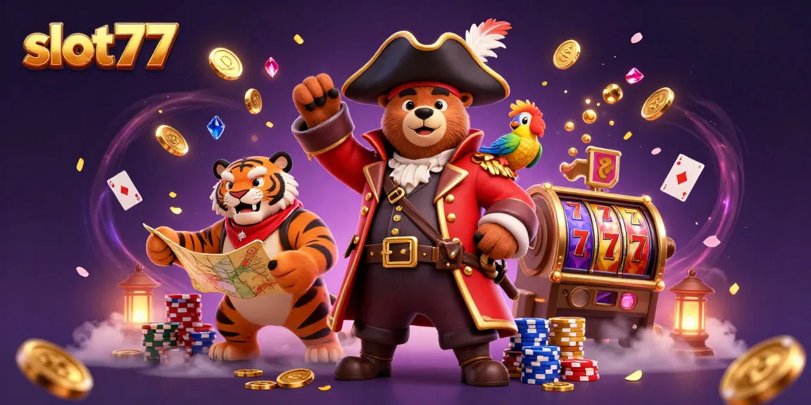 Spin the reels and discover wins with slot77 in this vibrant pirate-themed casino scene.
