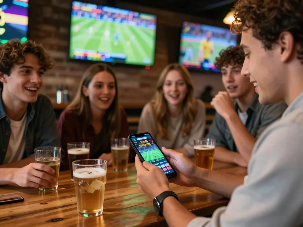 Excited sports betting at THỂ THAO ONE88 with friends using a mobile app in a lively sports bar.