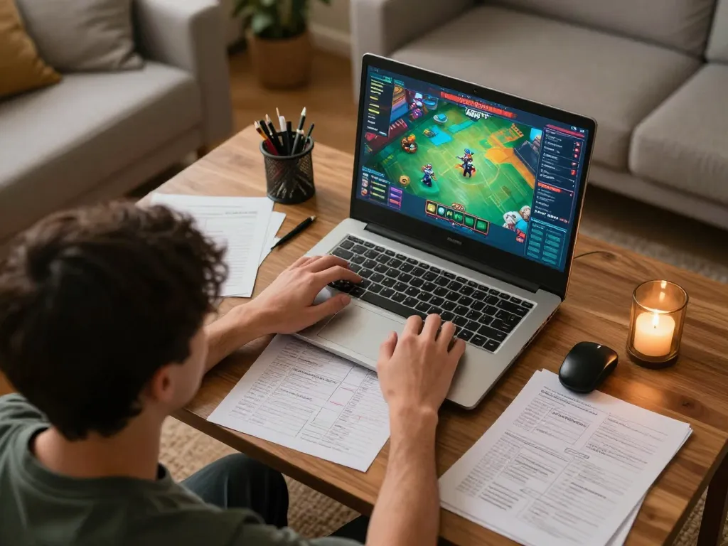 Pemain Kikitoto menganalisis permainan di laptop dengan catatan taruhan di lingkungan rumah yang nyaman.