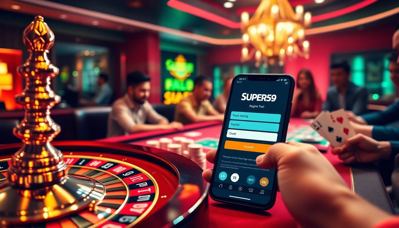 Exciting Super59 daftar registration with vibrant casino chips and roulette wheel in a high-stakes environment.