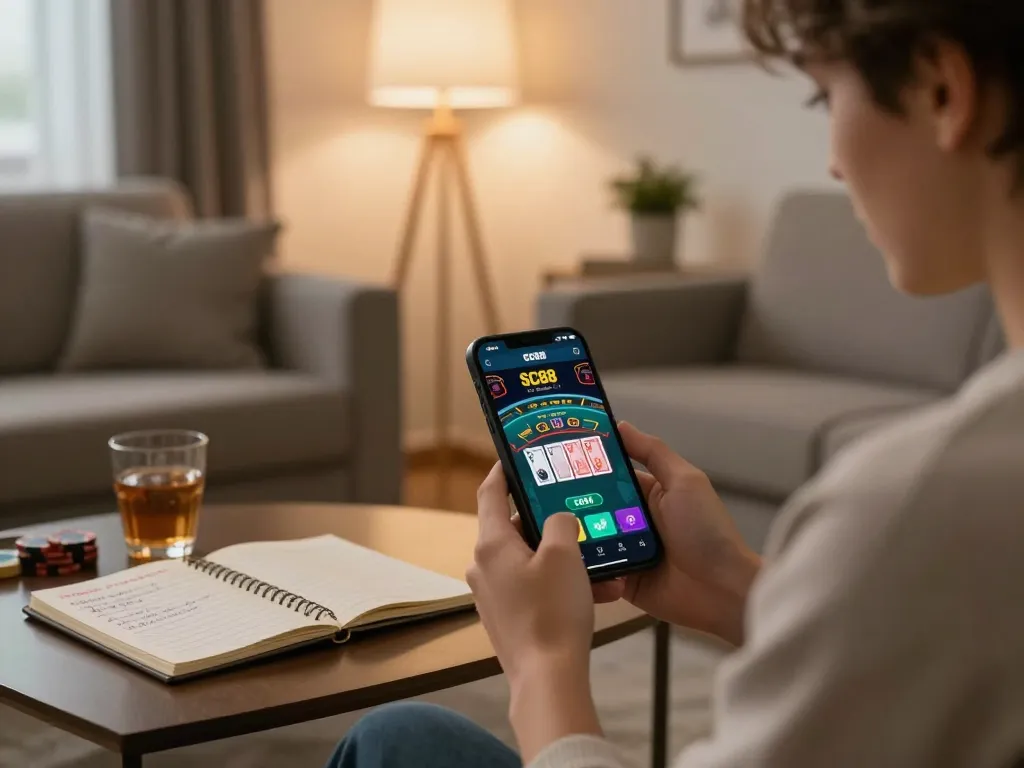 Engage in đăng ký SC88 for immersive online blackjack experience on a smartphone in a cozy living room.