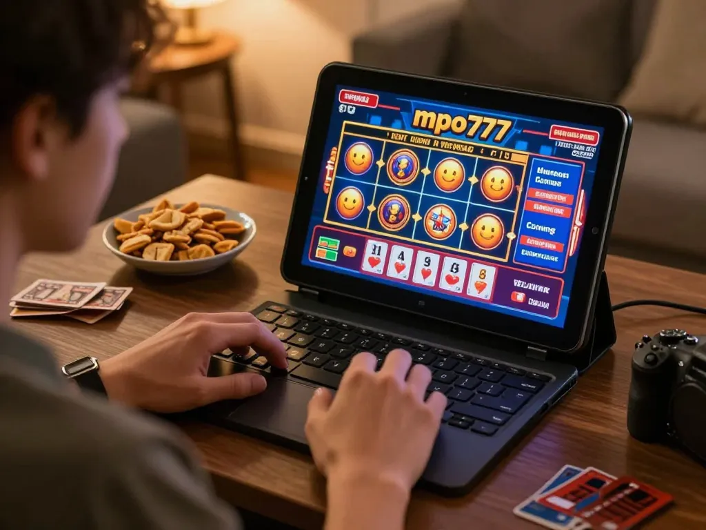 MPO777 provides an engaging online gaming experience with vibrant slot machines displayed on a tablet.