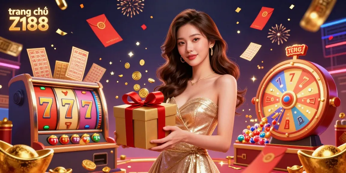 Experience excitement at trang chủ Z188 with festive elements including golden coins and vibrant slot machines.