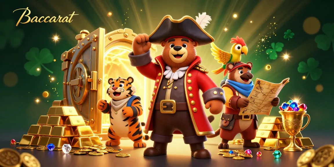 Engage in Baccarat with a pirate bear, a tiger, and a treasure map among gold and gems.