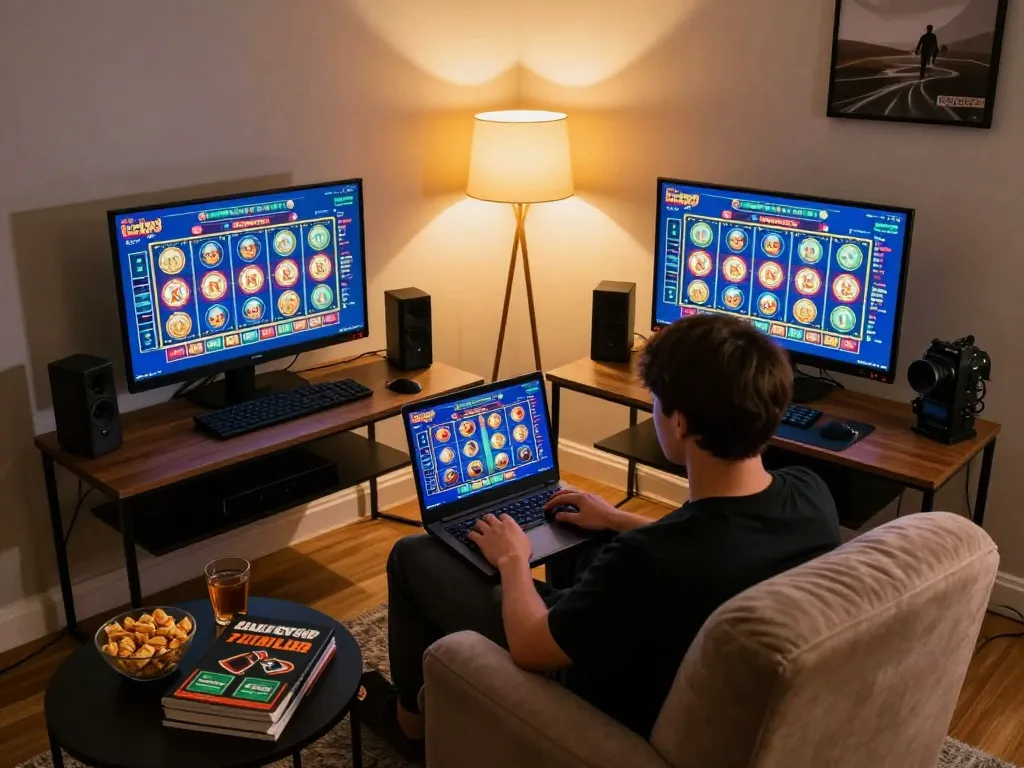 Player engaging in lucky88 online slots on a laptop in a cozy home environment