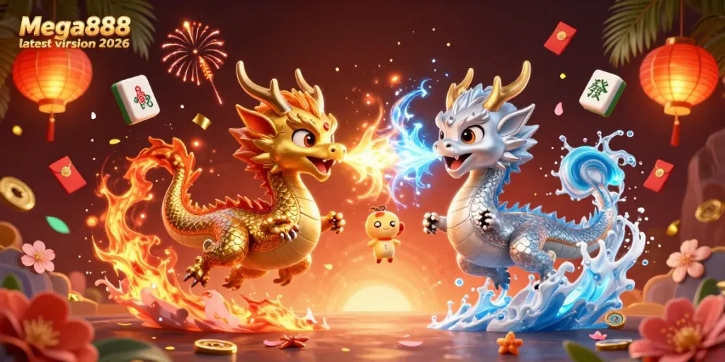 Engage with the Mega888 latest version 2026, featuring dragons battling in a vibrant casino ambiance.