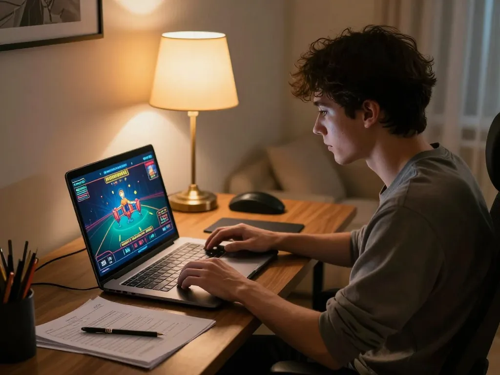 Player engaging in a thrilling online casino game with 789f on laptop in a cozy home office.