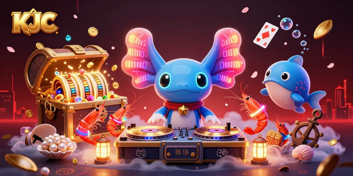 KJC players spin golden slot reels and enjoy vibrant underwater festivities in a fun casino scene.