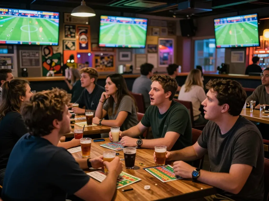 Fans celebrating Trực Tiếp Bóng Đá at a sports bar with live betting slips and screens showing matches