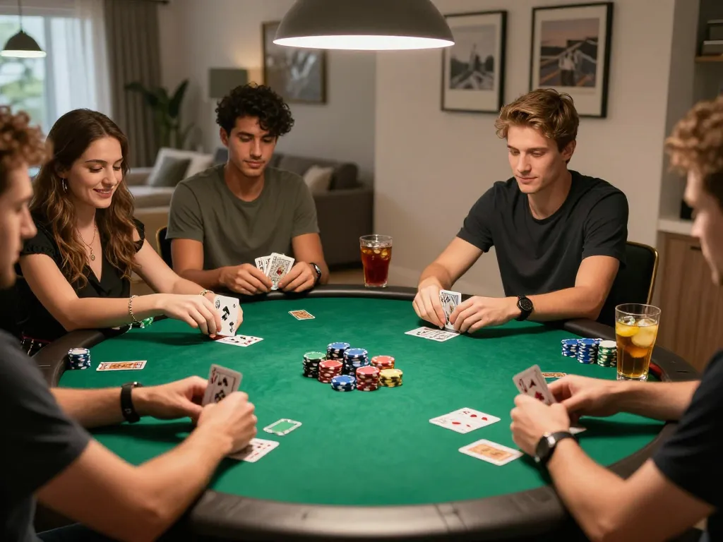 Soi kèo bóng đá analysis during friendly poker game night with vibrant ambiance and focused players