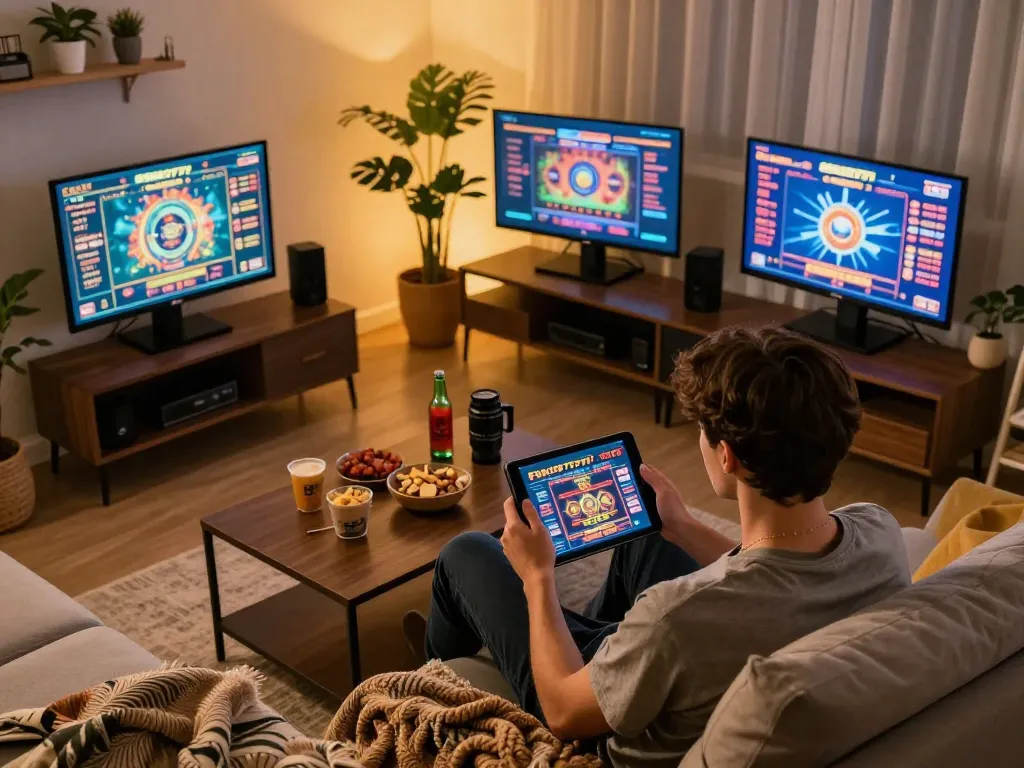 Engaging player enjoying Fokus777 online games with cozy home atmosphere.