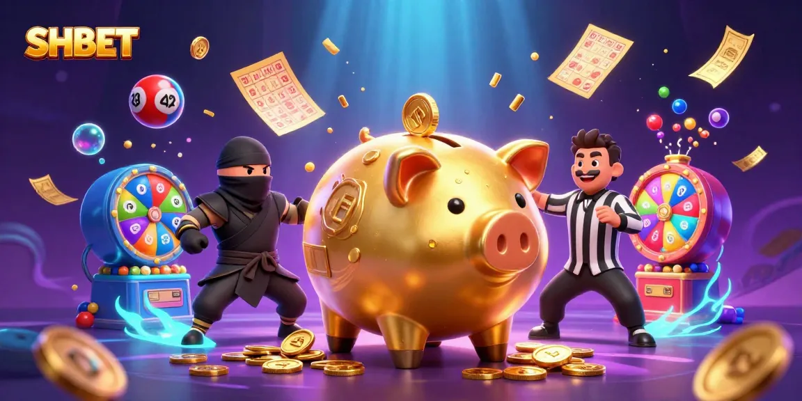 Engage with SHBET's vibrant gaming world, featuring a lively scene of dynamic casino elements and characters.