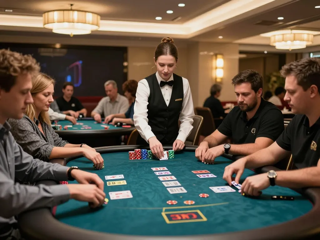 Pemain yang terlibat dalam permainan blackjack yang intens di kasino EKOTOTO, menampilkan permainan strategis dan dealer profesional.
