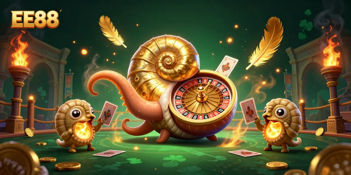 Engage in thrilling games at EE88 with a dynamic 3D illustration showcasing captivating casino elements.