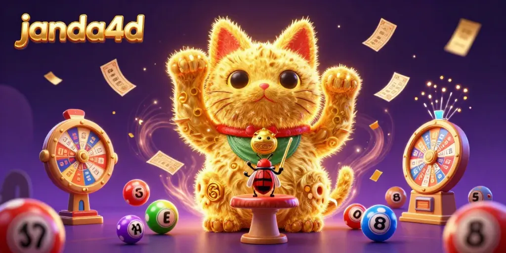 Janda4d menyajikan ilustrasi interaktif dengan simbol perjudian dan kucing keberuntungan yang menari.