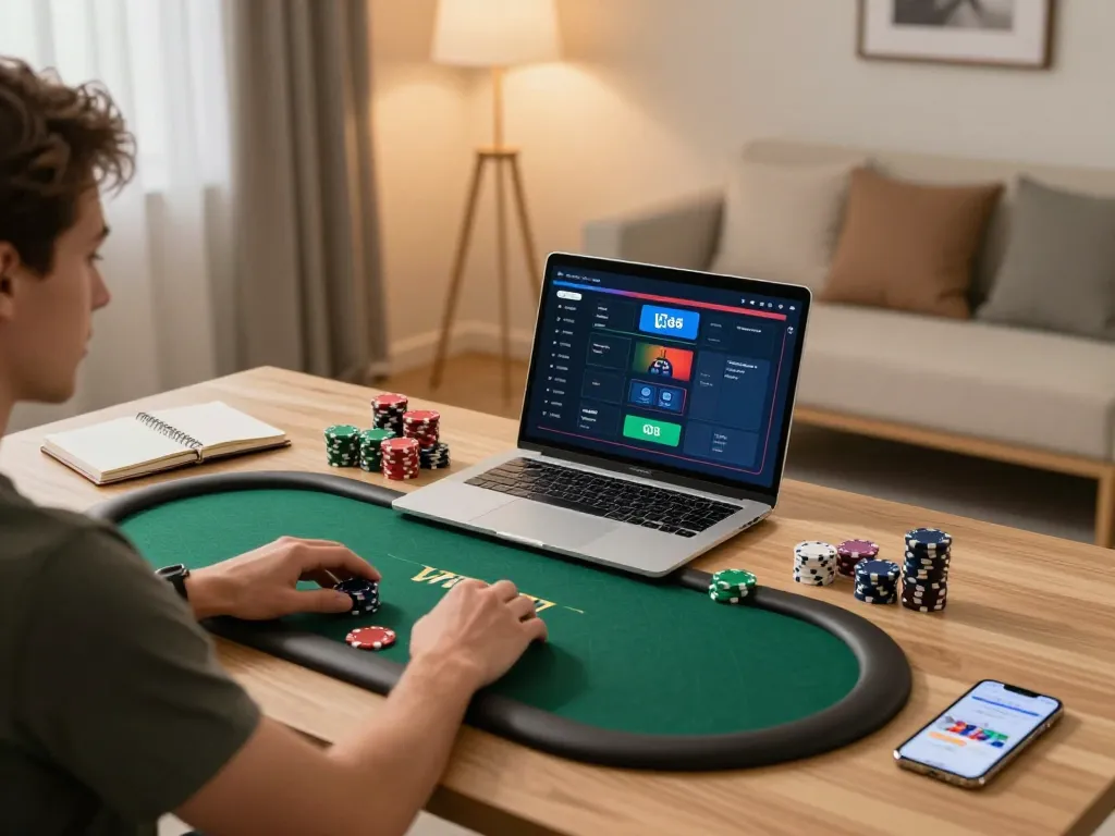 Player enjoying LV88 online poker game in a cozy home office setup with strategic tools.