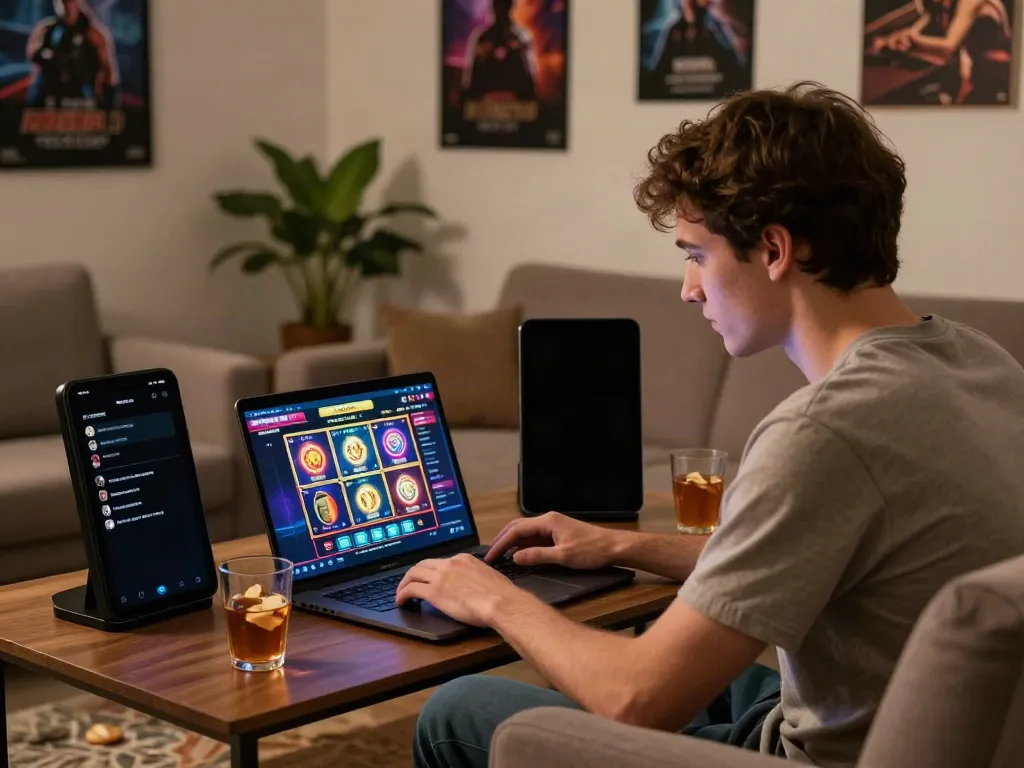 A person enjoying akunjp online gaming at home during evening, laptop displayed with vibrant casino games.
