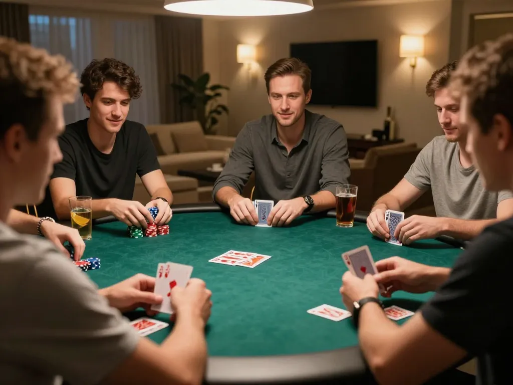 Players engaged in a game bài đổi thưởng at a social home setting, showcasing excitement and strategy.